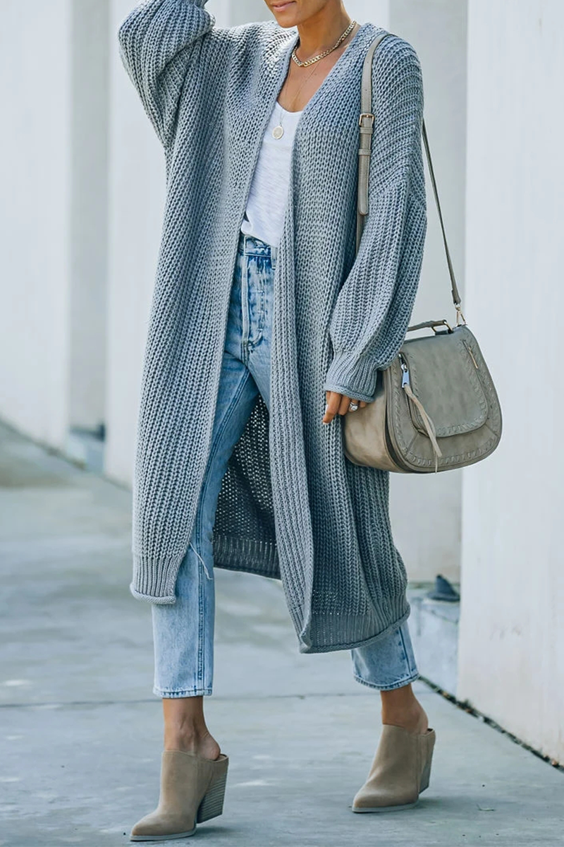 Women's Long Cardigan - Open Front Knit - Ribbed Cuffs & Hem - Casual Layering
