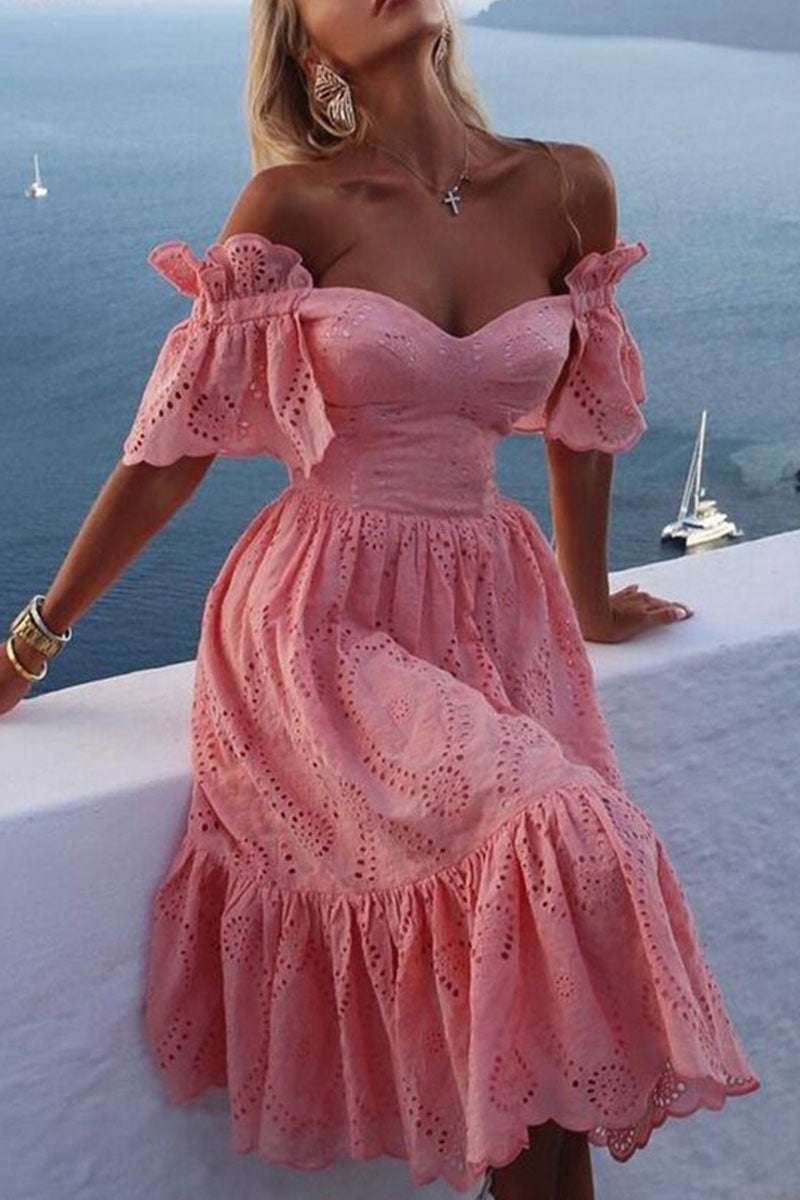 Women's Off-Shoulder Dress - Sweetheart Neckline - Eyelet Pattern - Ruffled Sleeves - Knee-Length