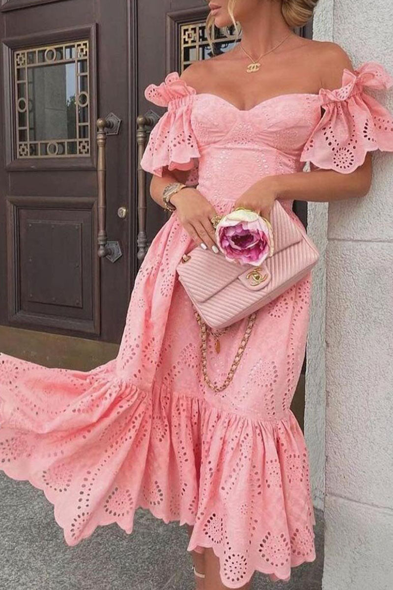 Women's Off-Shoulder Dress - Sweetheart Neckline - Eyelet Pattern - Ruffled Sleeves - Knee-Length