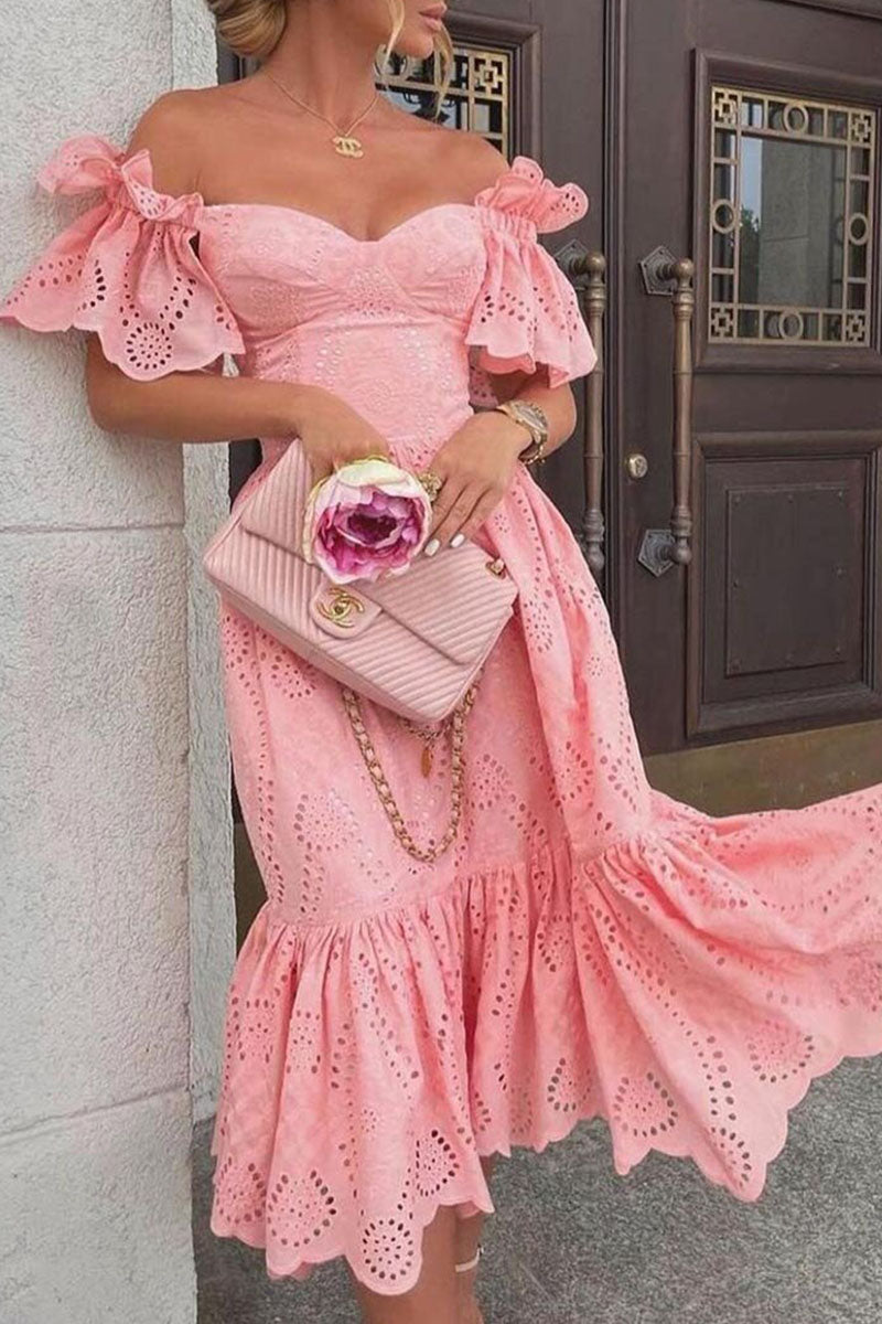 Women's Off-Shoulder Dress - Sweetheart Neckline - Eyelet Pattern - Ruffled Sleeves - Knee-Length