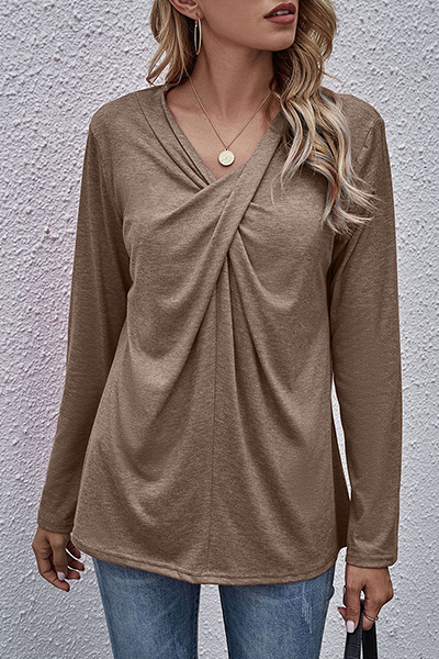 Sabelle - casual solid split joint fold v neck tops