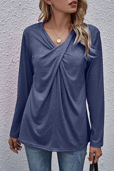 Sabelle - casual solid split joint fold v neck tops