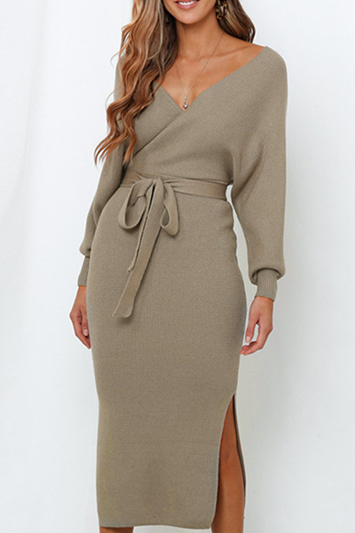 Knitted Wrap Midi Length Dress