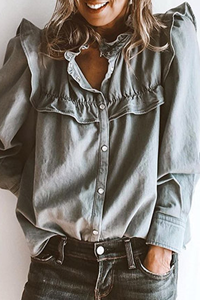 Ruffle Detail Button-Up Relaxed Fit Blouse
