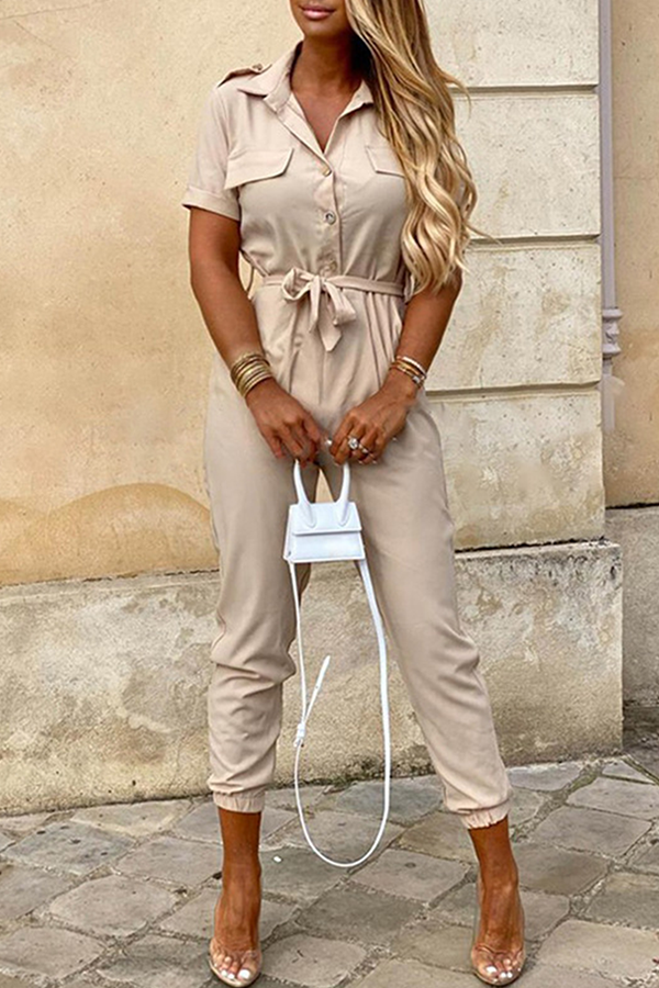 Women's Jumpsuit - Button-Up Collared Neck - Short Sleeve - Belted Waist - Tapered Leg