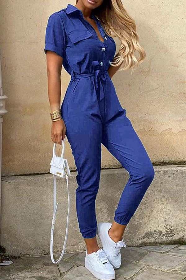 Women's Jumpsuit - Button-Up Collared Neck - Short Sleeve - Belted Waist - Tapered Leg