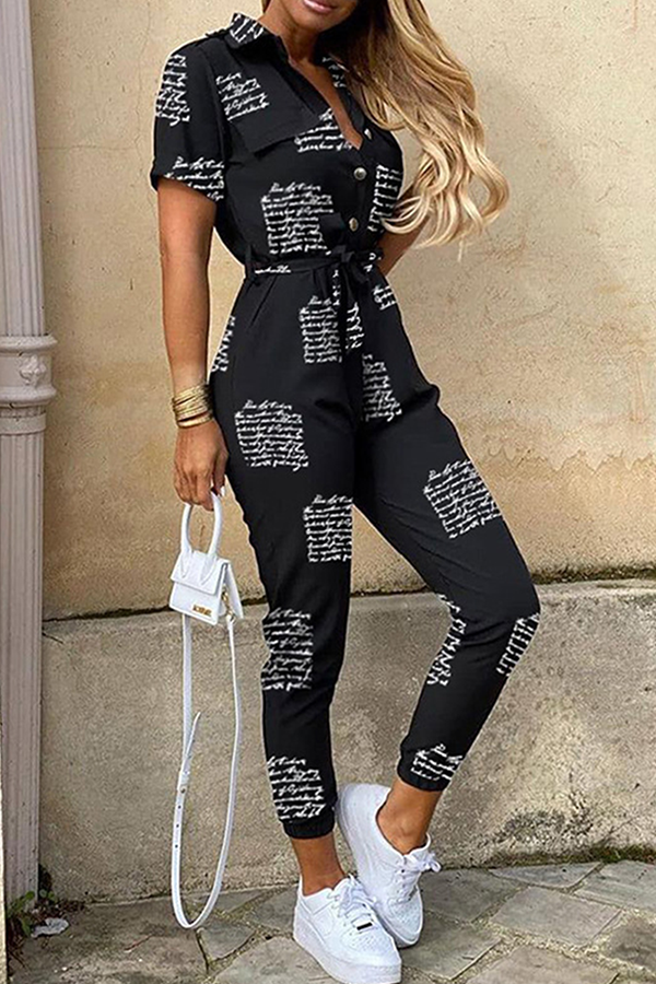 Women's Jumpsuit - Button-Up Collared Neck - Short Sleeve - Belted Waist - Tapered Leg