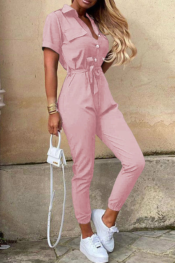 Women's Jumpsuit - Button-Up Collared Neck - Short Sleeve - Belted Waist - Tapered Leg