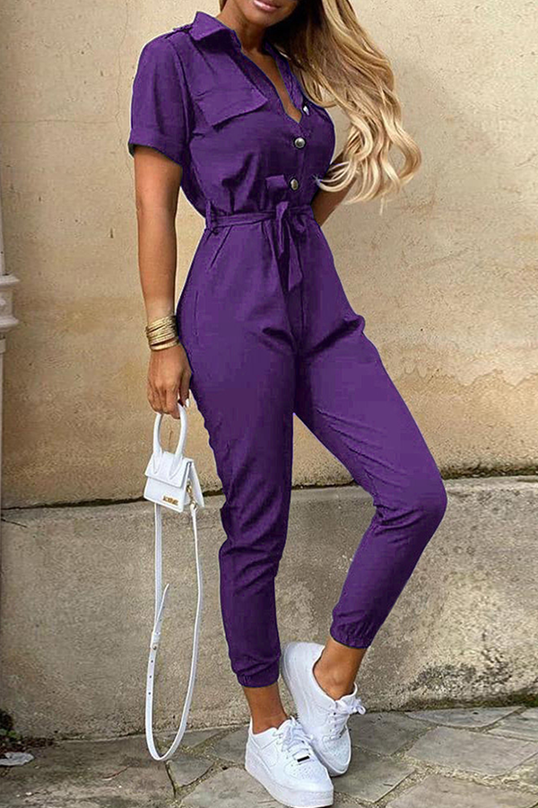 Women's Jumpsuit - Button-Up Collared Neck - Short Sleeve - Belted Waist - Tapered Leg