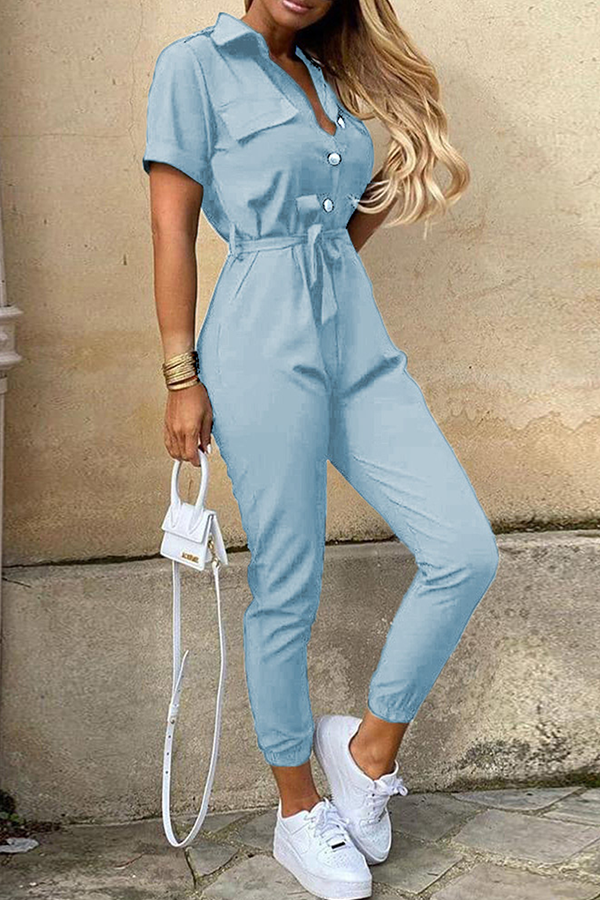 Women's Jumpsuit - Button-Up Collared Neck - Short Sleeve - Belted Waist - Tapered Leg