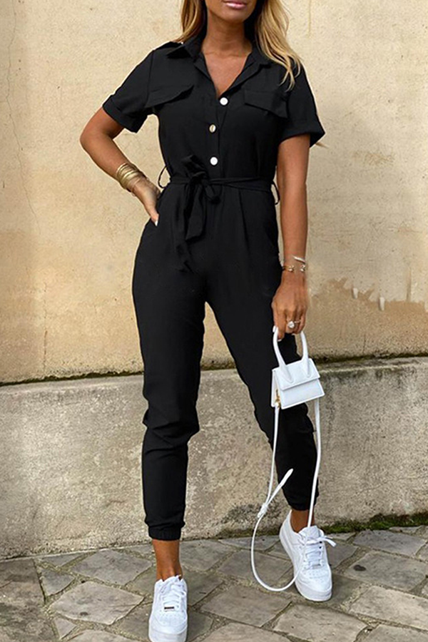 Women's Jumpsuit - Button-Up Collared Neck - Short Sleeve - Belted Waist - Tapered Leg
