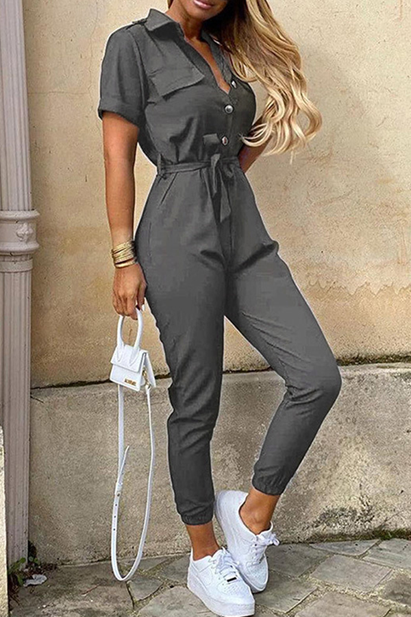 Women's Jumpsuit - Button-Up Collared Neck - Short Sleeve - Belted Waist - Tapered Leg