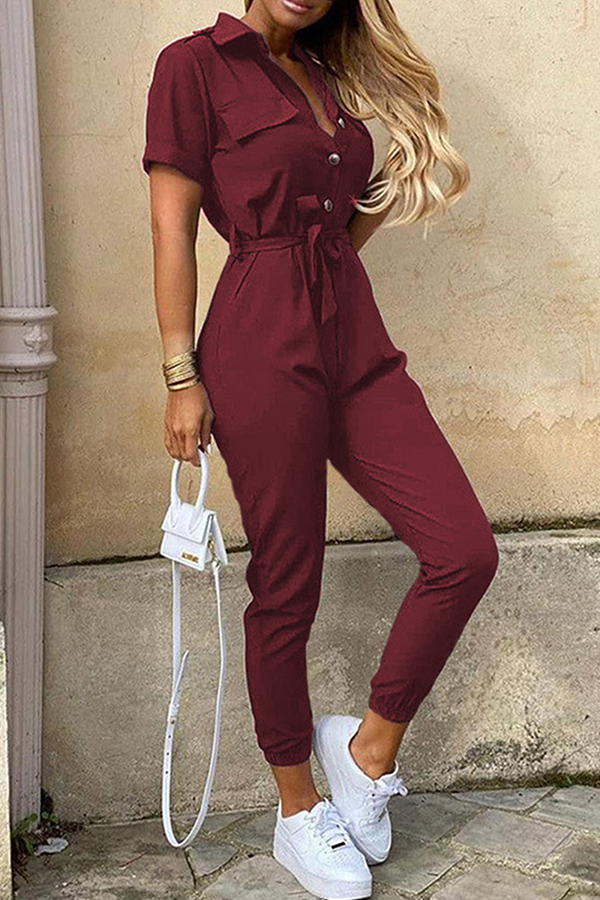 Women's Jumpsuit - Button-Up Collared Neck - Short Sleeve - Belted Waist - Tapered Leg