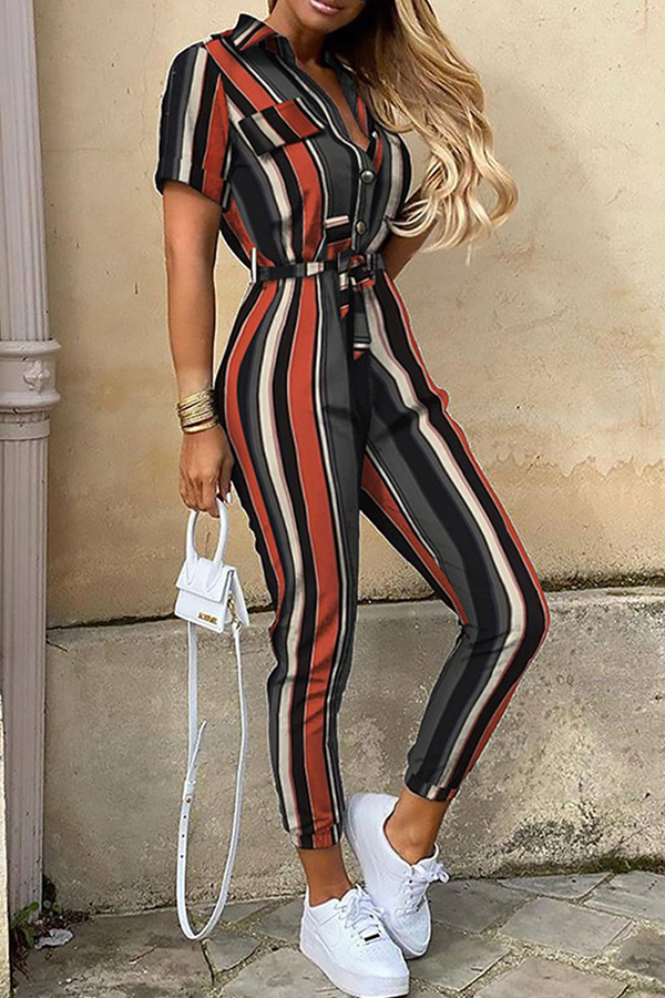 Women's Jumpsuit - Button-Up Collared Neck - Short Sleeve - Belted Waist - Tapered Leg