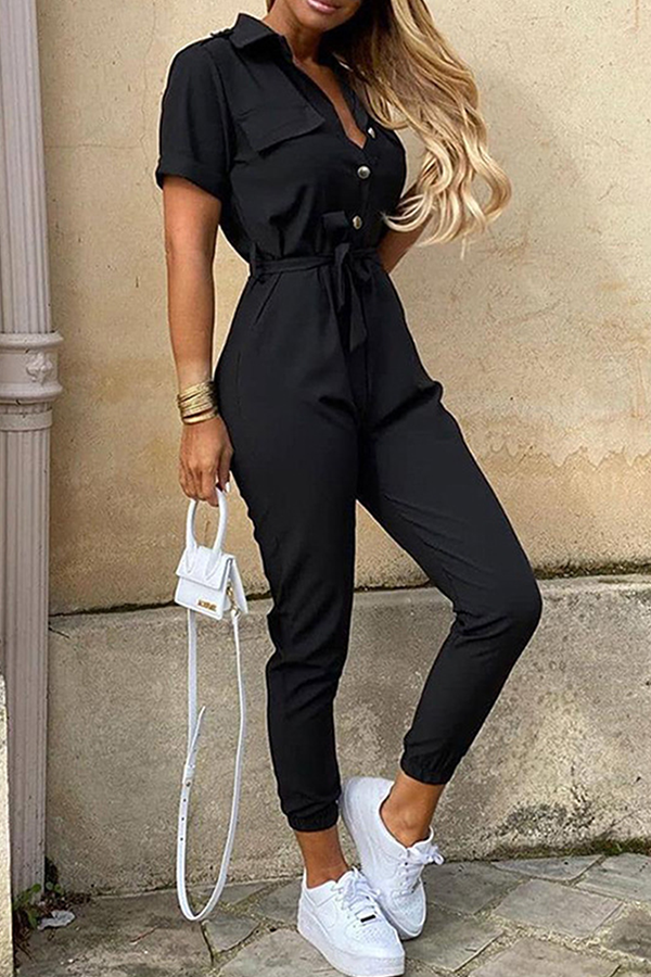 Women's Jumpsuit - Button-Up Collared Neck - Short Sleeve - Belted Waist - Tapered Leg
