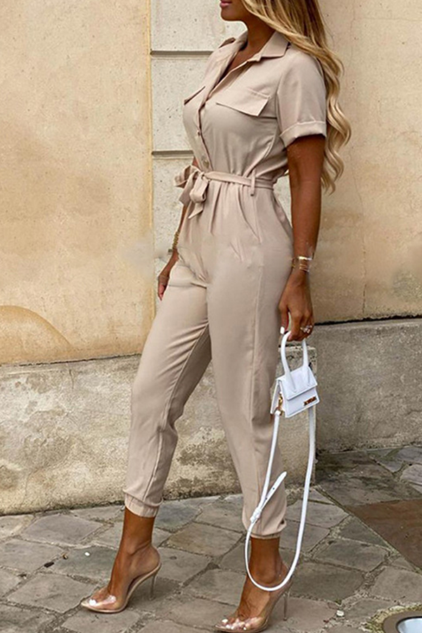Women's Jumpsuit - Button-Up Collared Neck - Short Sleeve - Belted Waist - Tapered Leg