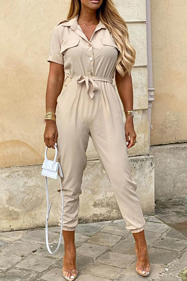 Women's Jumpsuit - Button-Up Collared Neck - Short Sleeve - Belted Waist - Tapered Leg