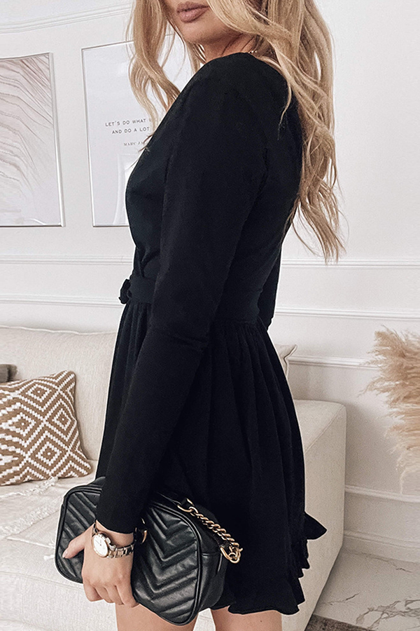 Women's Wrap Dress - V-Neck Long Sleeve - Adjustable Belt - Flared Ruffle Hem