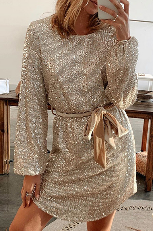 Sequined Belted Long Sleeve Mini Dress
