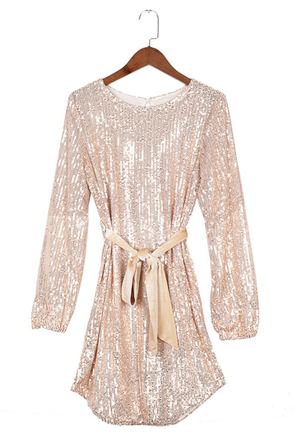 Sequined Belted Long Sleeve Mini Dress