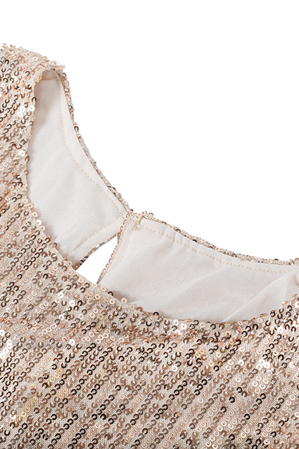 Women's Sequined Mini Dress - Long Sleeve - Belted Waist - Round Neck Party Wear