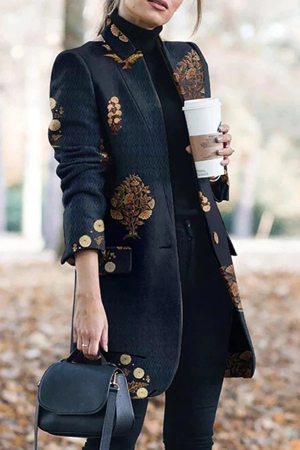 Print Stand Collar Woolen Coat