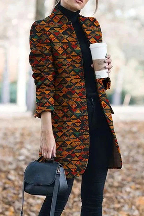 Print Stand Collar Woolen Coat