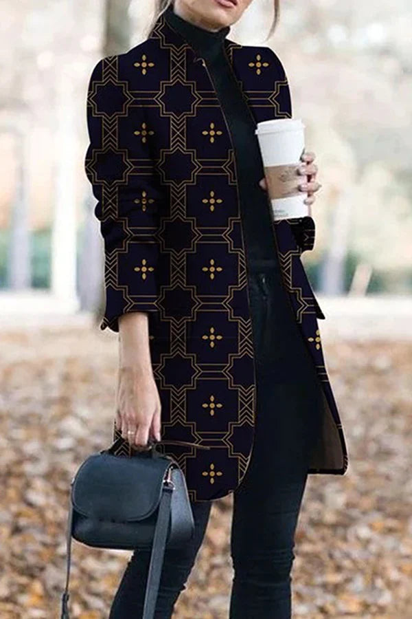 Print Stand Collar Woolen Coat