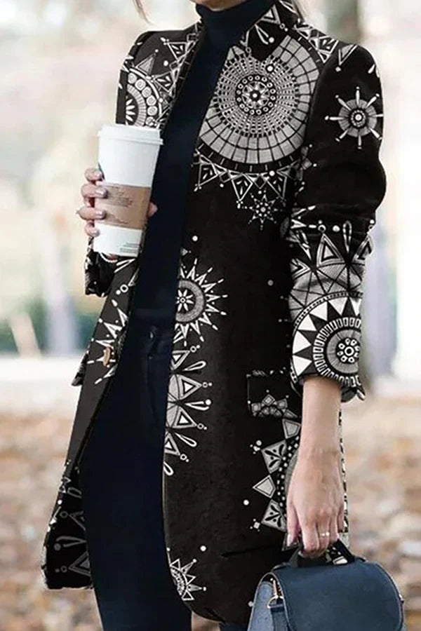 Women's print stand collar woolen coat