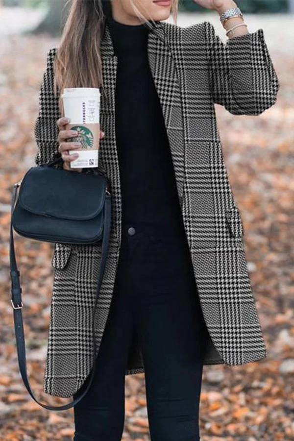 Print Stand Collar Woolen Coat