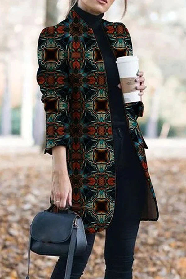 Women's print stand collar woolen coat