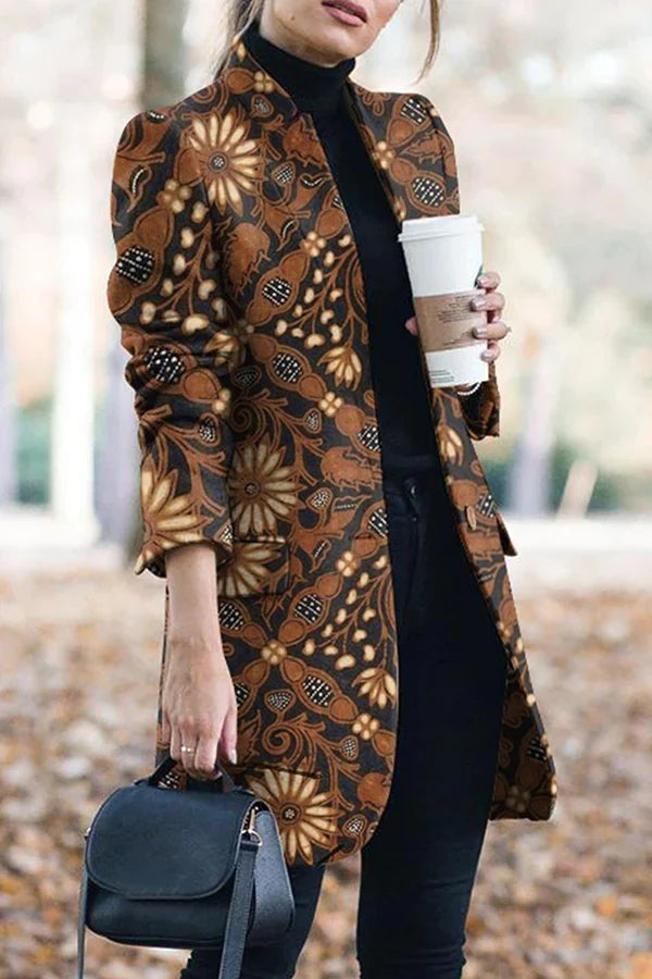 Print Stand Collar Woolen Coat