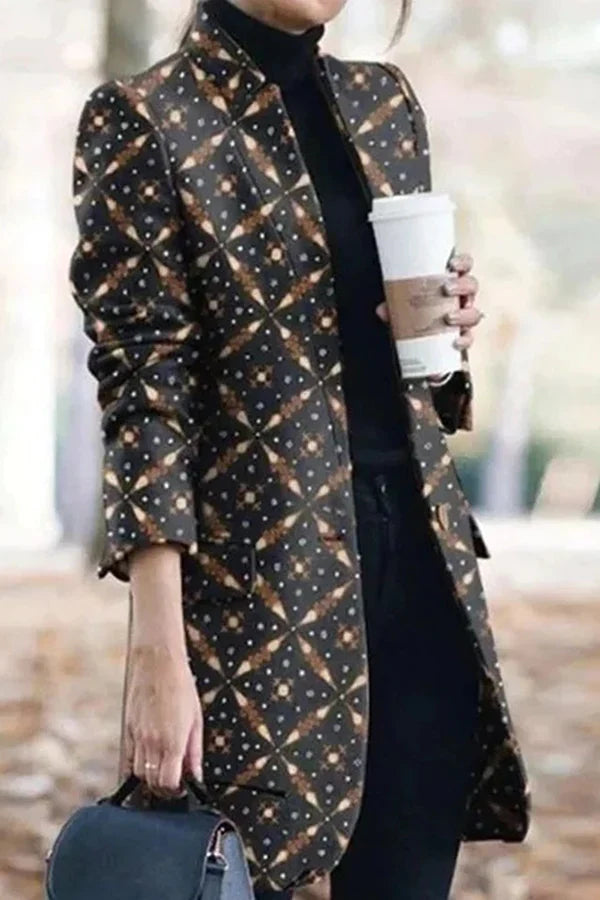 Print Stand Collar Woolen Coat