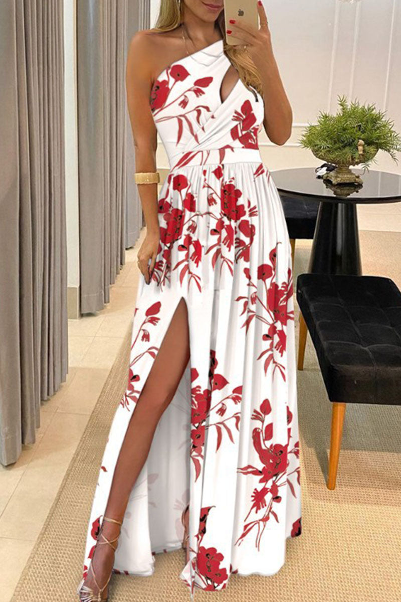 Women's One-Shoulder Dress - Asymmetric Cutout - High Waist Pleated Skirt - Slit Detail