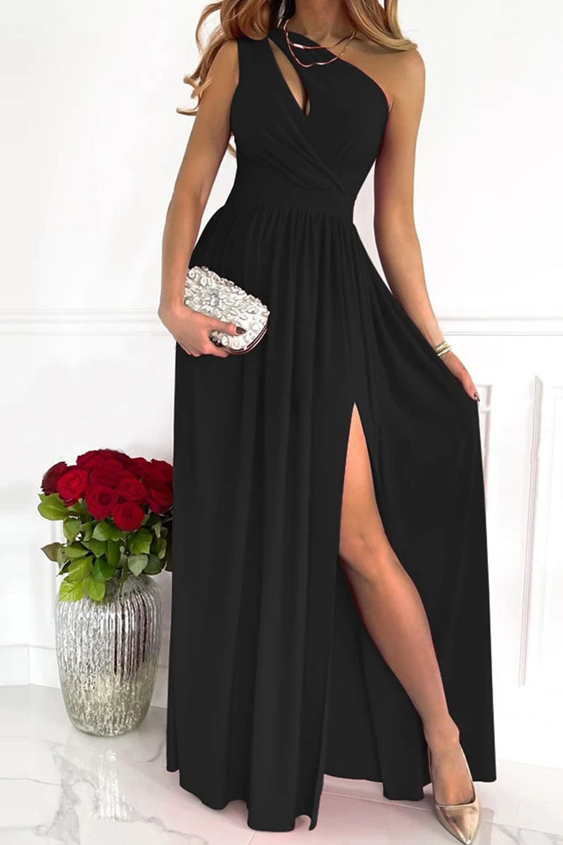 Women's One-Shoulder Dress - Asymmetric Cutout - High Waist Pleated Skirt - Slit Detail