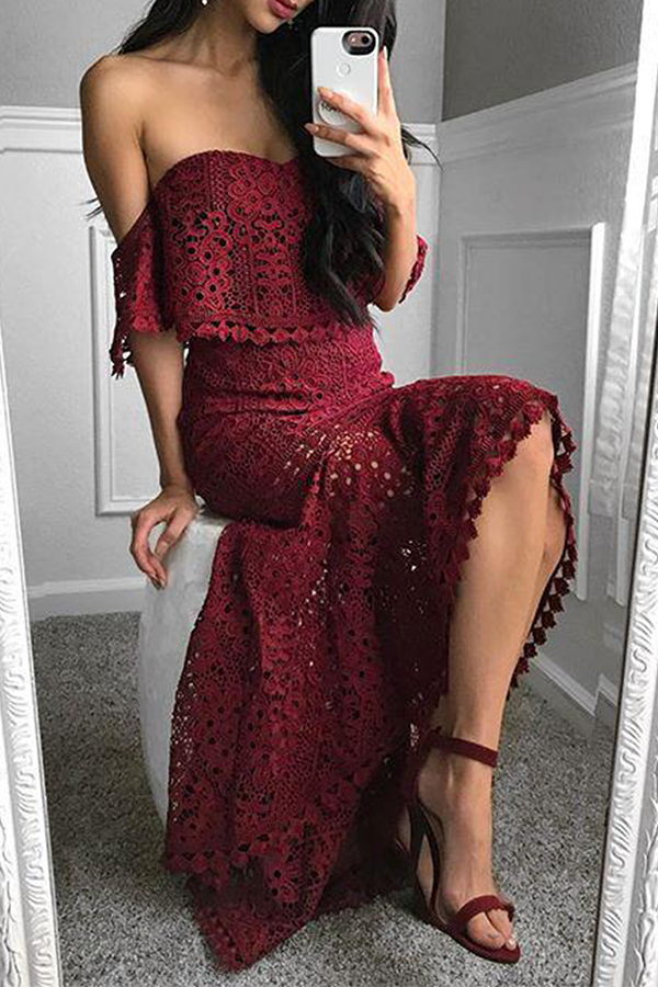 Women's Two-Piece Set - Lace Off-Shoulder Cropped Top & High-Waisted Asymmetrical Skirt