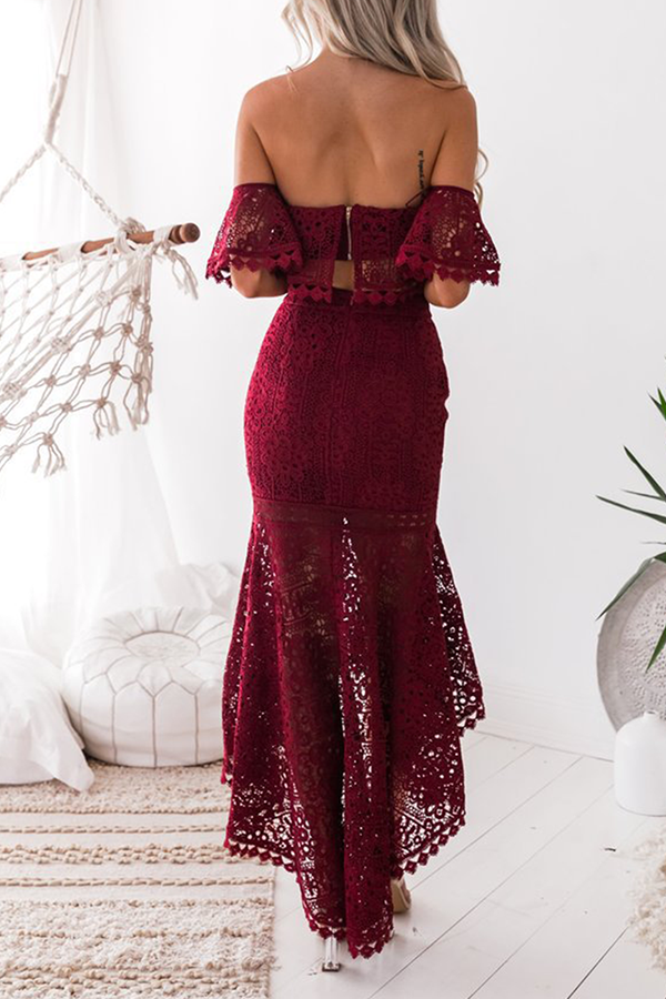 Women's Two-Piece Set - Lace Off-Shoulder Cropped Top & High-Waisted Asymmetrical Skirt