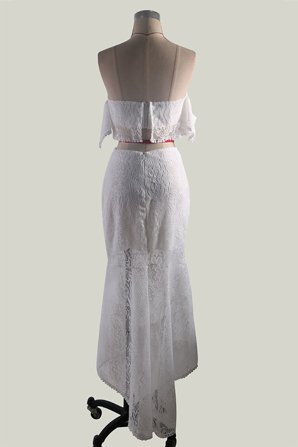 Women's Two-Piece Set - Lace Off-Shoulder Cropped Top & High-Waisted Asymmetrical Skirt