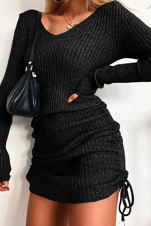 Women's Ribbed Knit Sweater Dress - V-Neck - Long Sleeve - Adjustable Drawstring Fit