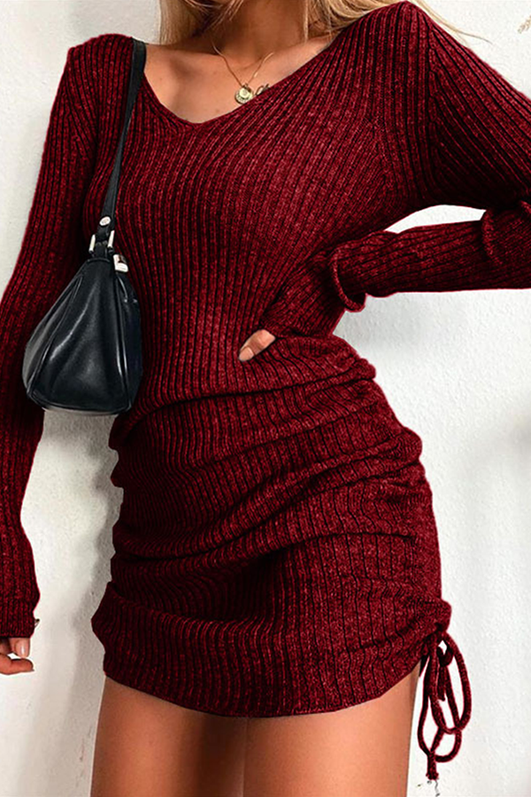 Women's Ribbed Knit Sweater Dress - V-Neck - Long Sleeve - Adjustable Drawstring Fit