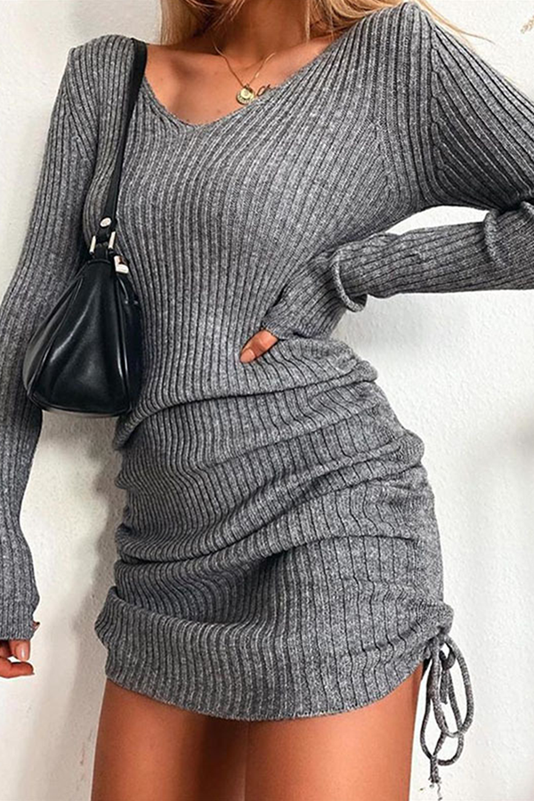 Women's Ribbed Knit Sweater Dress - V-Neck - Long Sleeve - Adjustable Drawstring Fit