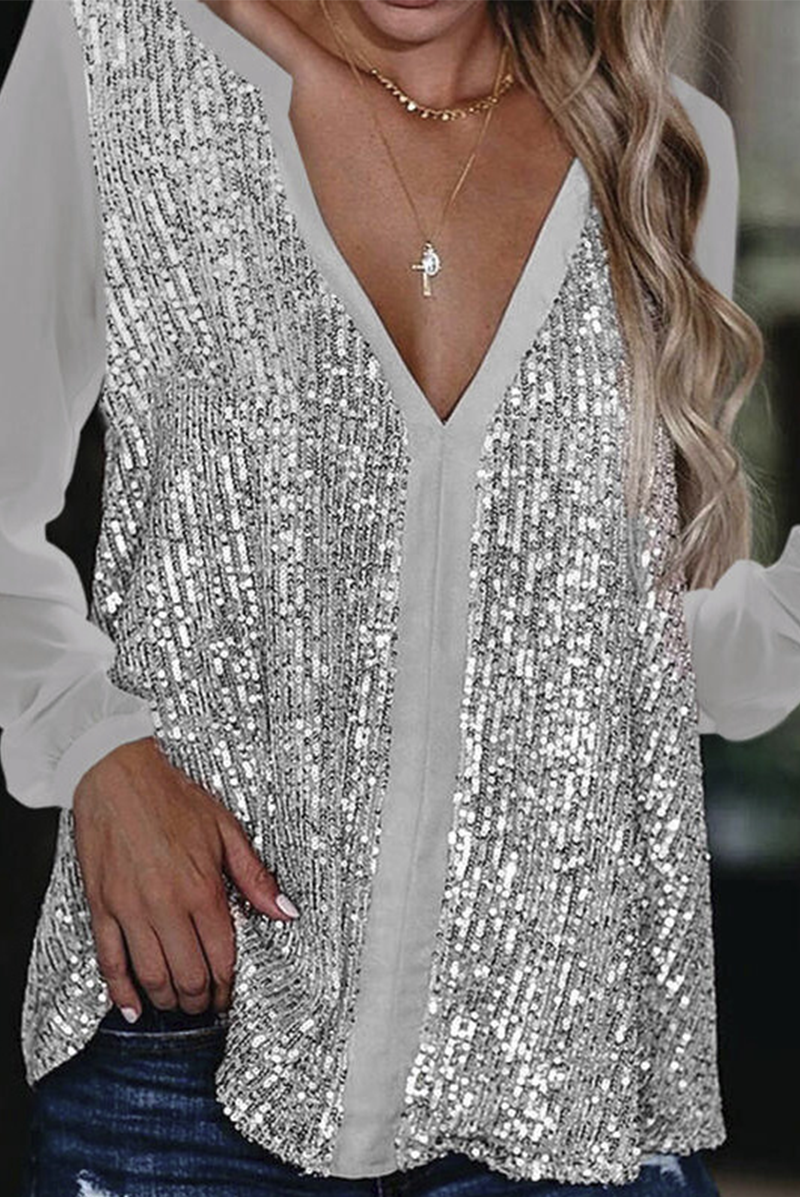 Women's Sequin Blouse - Deep V-Neck - Sheer Long Sleeves - Loose Fit Party Top