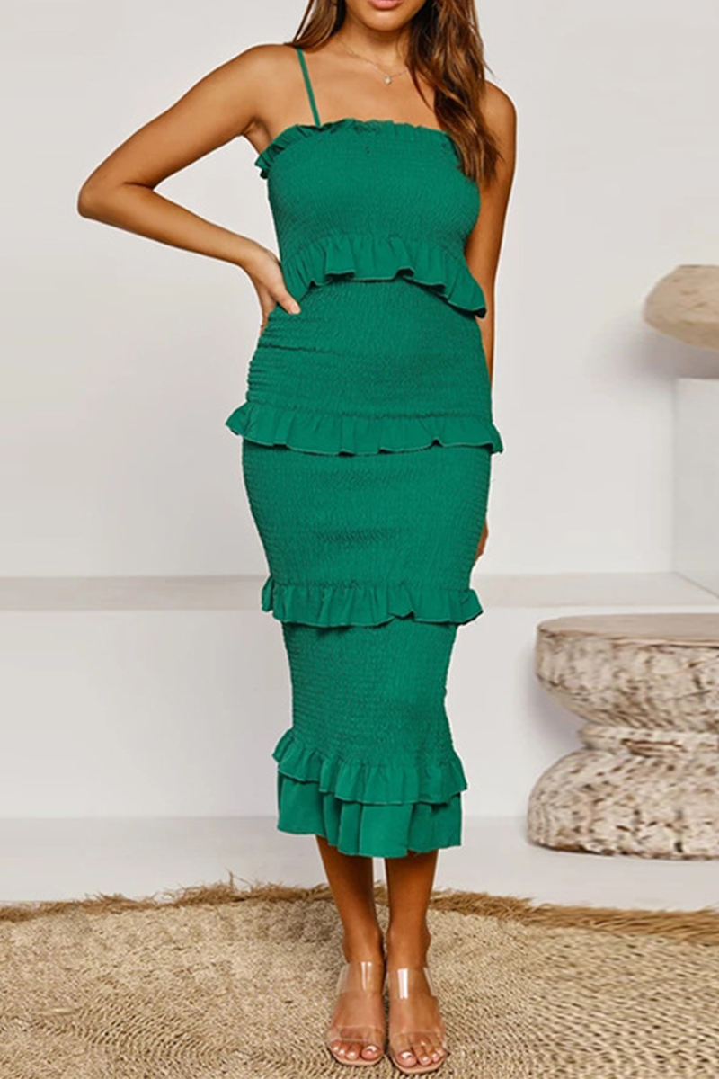 Women's Midi Dress - Bodycon Fit - Spaghetti Straps - Ruffle Detail - Smocked Texture