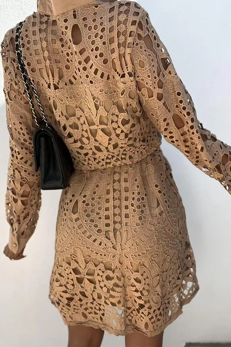 Women's Lace Shirt Dress - Button Down - Collared Neckline - Belted Waist - Long Sleeve