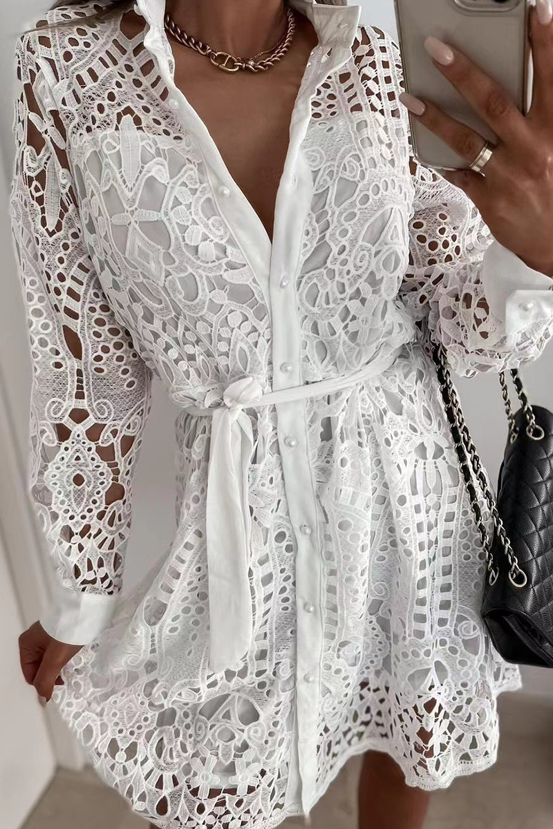 Women's Lace Shirt Dress - Button Down - Collared Neckline - Belted Waist - Long Sleeve