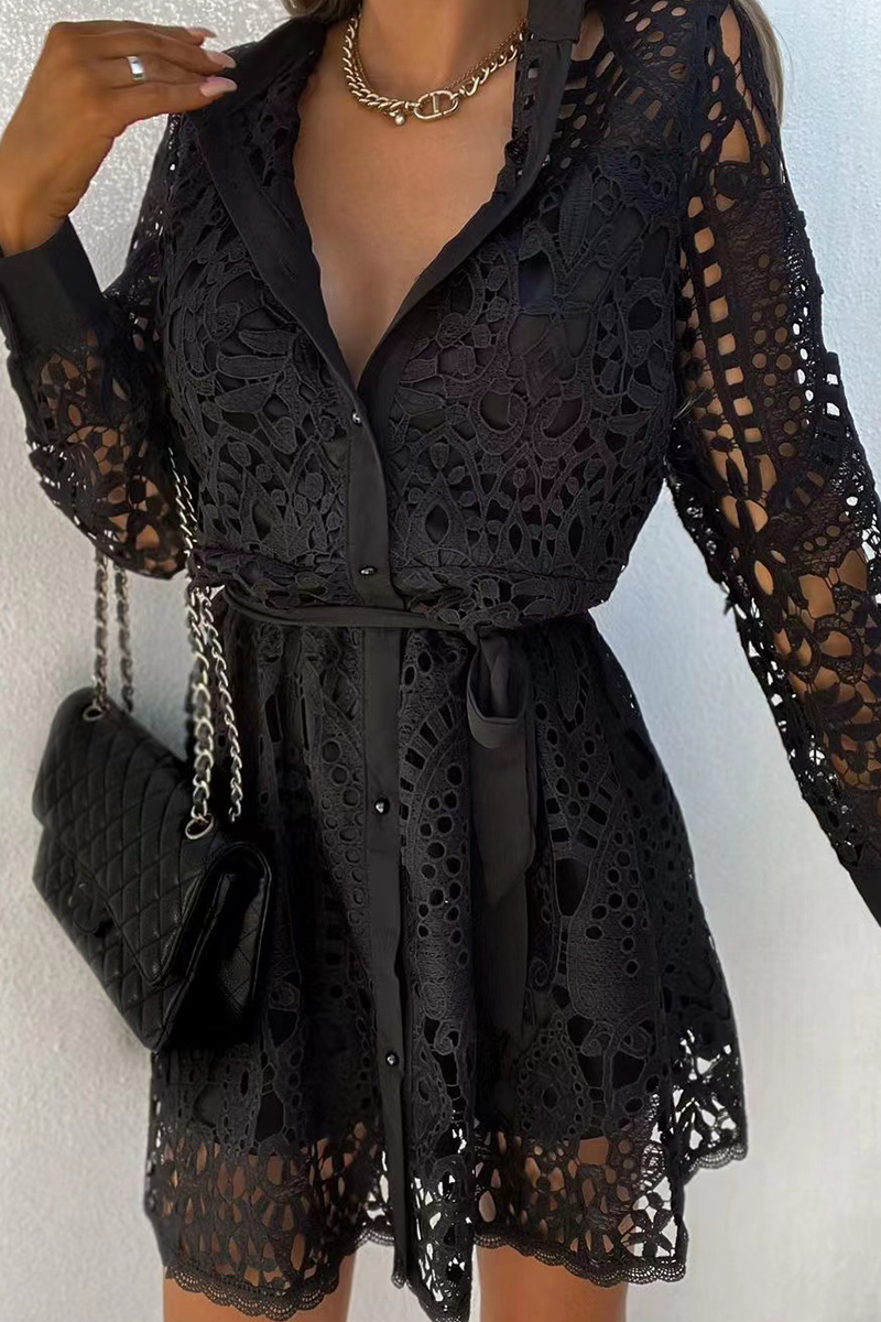 Women's Lace Shirt Dress - Button Down - Collared Neckline - Belted Waist - Long Sleeve