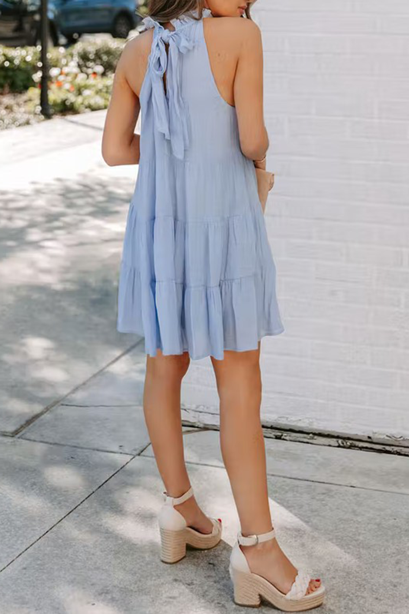 Women's Sleeveless Dress - High Neck Ruffle Detail - Flowy Lightweight Casual Wear