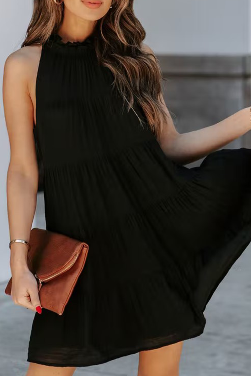 Women's Sleeveless Dress - High Neck Ruffle Detail - Flowy Lightweight Casual Wear