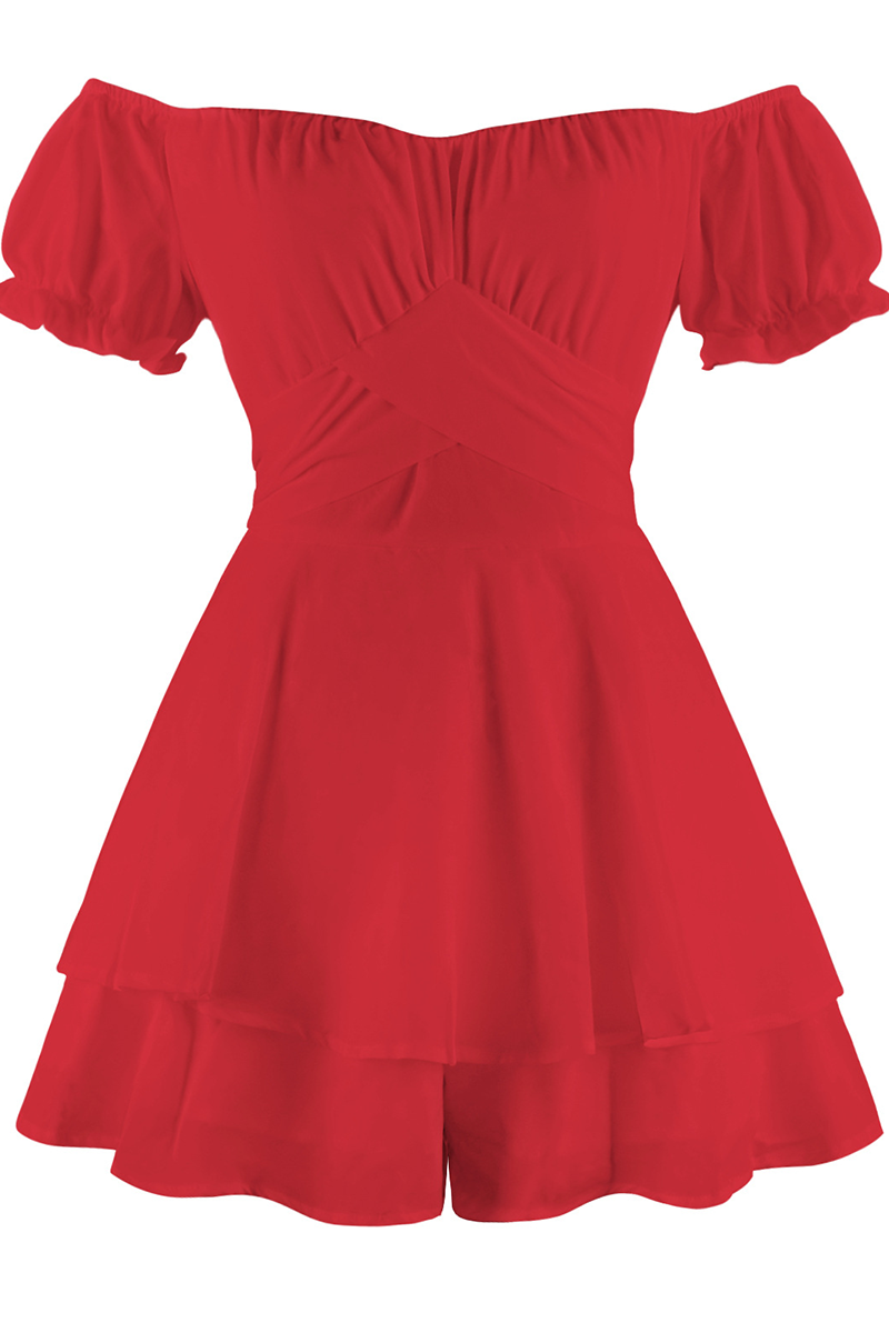 Women's Off-the-Shoulder Dress - Puff Sleeve - Fit-and-Flare Tiered Skirt
