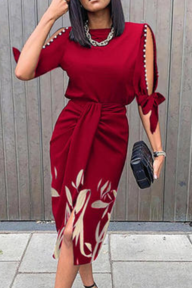 Women's Dress - Short Sleeve Pearl Cut-Out - Draped Waist Side Slit - Botanical Print